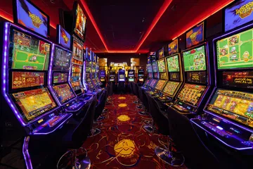 A woman smiling by bright slot machines showing lucky symbols, showcasing the exciting slot offerings at BD9.